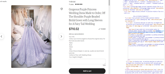 Showing an image of a purple wedding dress side by side with its alt text code. 