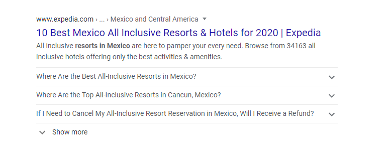 FAQ Schema Example on the Google SERP. Commonly asked questions appear below the SERP listing, which allows the user to click and find information without leaving the results page. 