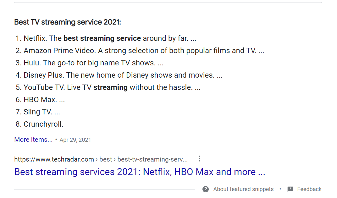 Featured Snippet List Example